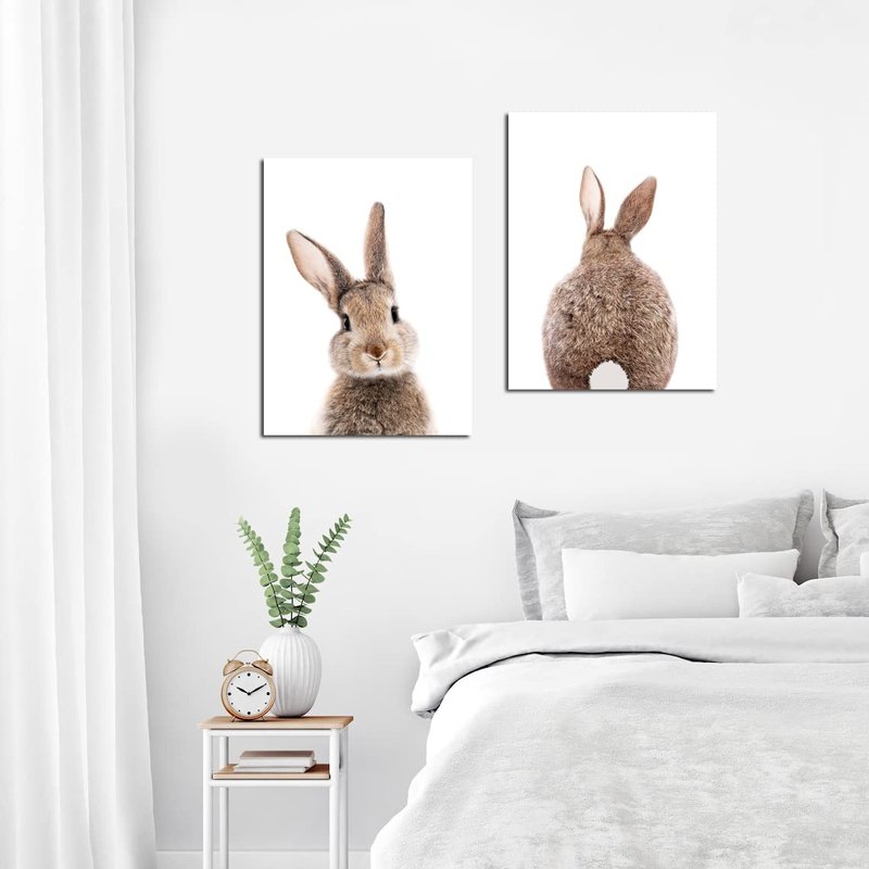 Mokihidream Nursery Wall Art Bunny Rabbit Canvas Print Wall Decor Woodland Animal Posters Kids Room Set of 2 Bedroom Decoration Bunny Rabbit Pictures Framed Wall Art