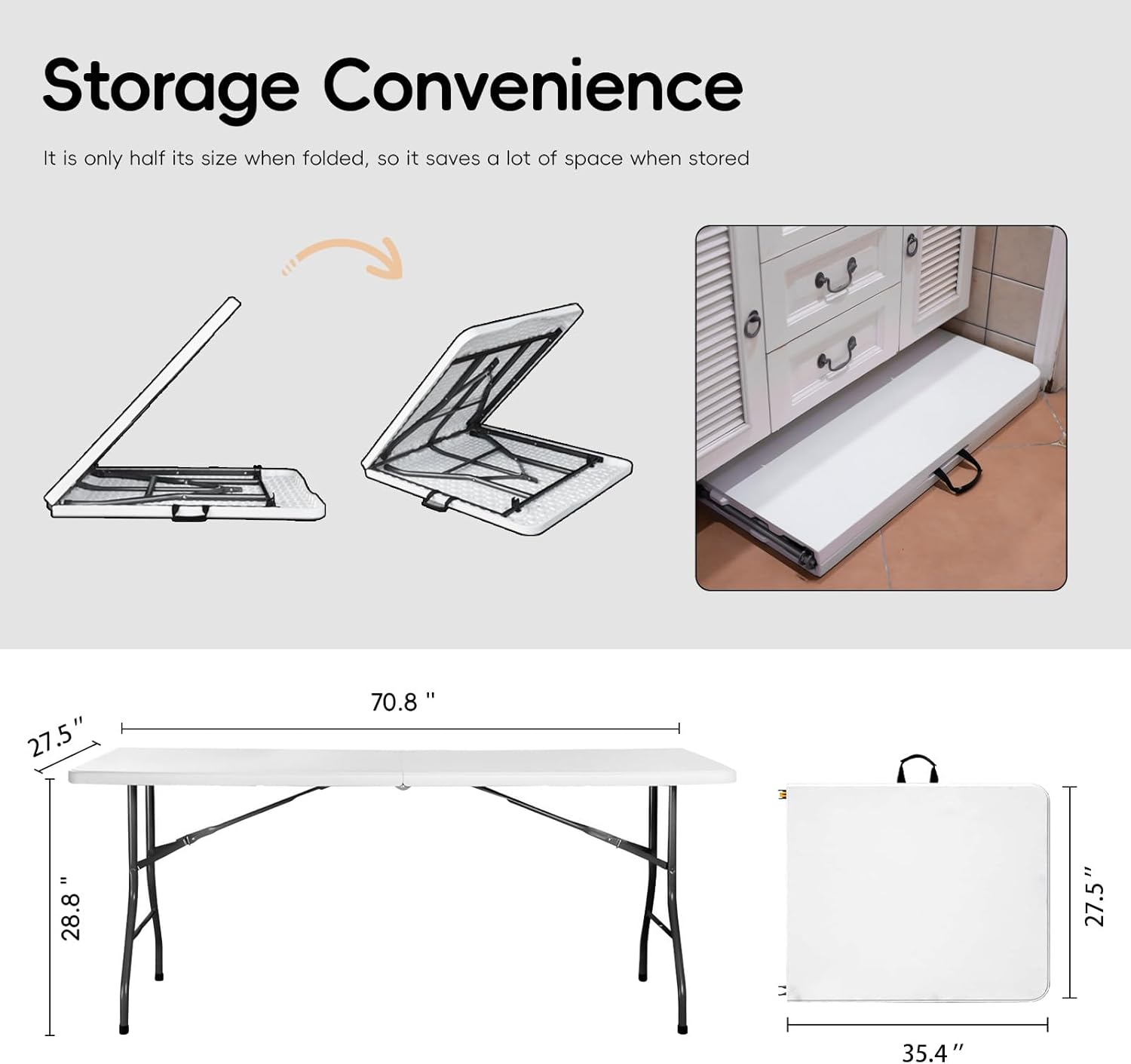 Pollilar 6FT Folding Table - Portable HDPE Banquet Table for Meetings, Picnics & Weddings - White