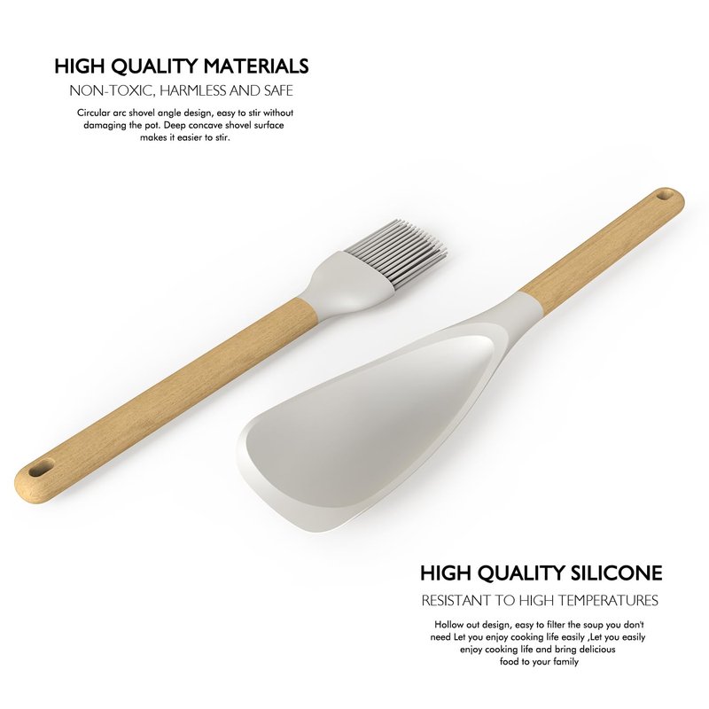 Large Silicone Cooking Utensils Set - Heat Resistant Silicone Kitchen Utensils for Cooking w Wooden Handles, Spatula Set, Kitchen Utensil Gadgets Sets for Non-Stick Cookware, BPA Free (Black)