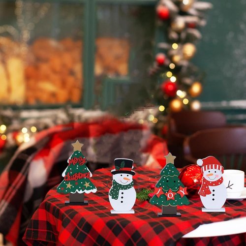 DECSPAS Christmas Decorations - 4 PCS Wooden Christmas Trees & Snowmen for Festive Table Centerpieces