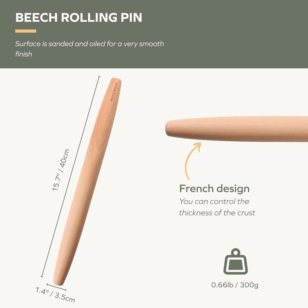 Muso Wood French Rolling Pin - Beech Wood Tapered Design for Baking | 15.75-Inch for Pastry & Cookies