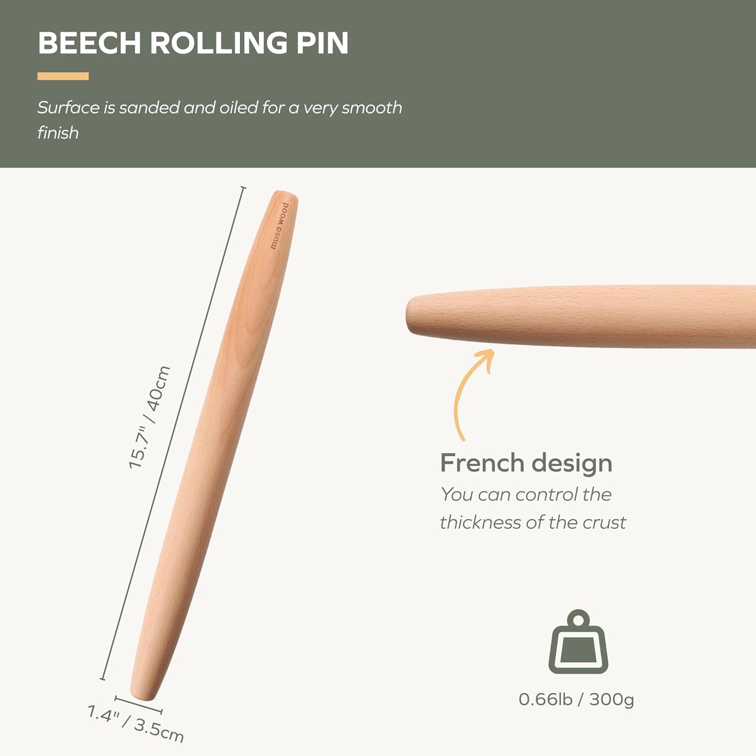 Muso Wood French Rolling Pin - Beech Wood Tapered Design for Baking | 15.75-Inch for Pastry & Cookies