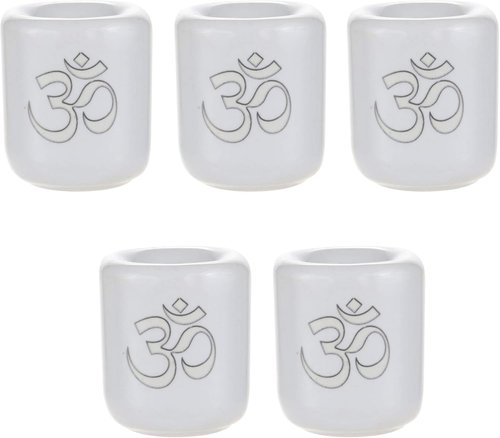 Mega Candles Ceramic Silver Om Chime Ritual Candle Holder - Set of 5, Elegant White