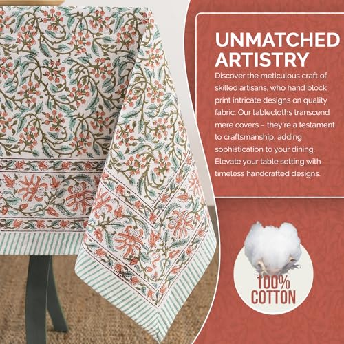 Labhanshi Indian Handblock Floral Cotton Tablecloth 72x108 Inch Pink for 8-Seater Dining