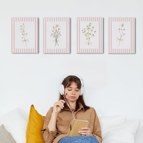 JINYO Coquette Pink Floral Canvas Wall Art - Framed Set of 4 for Girls' Room | 8x10 Inch Decor