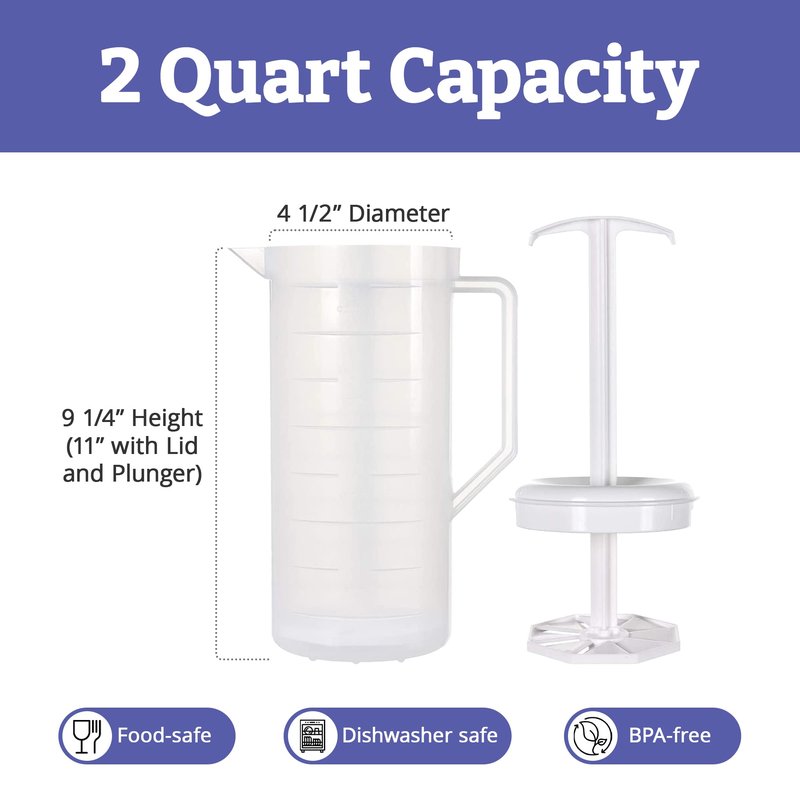 JBK Pottery 2-Quart White Mixing Pitcher with Plunger – BPA-Free Plastic Pitcher for Juice, Milk, Shakes, Tea & More – Dishwasher-Safe, Spill-Proof Lid, Set of 3