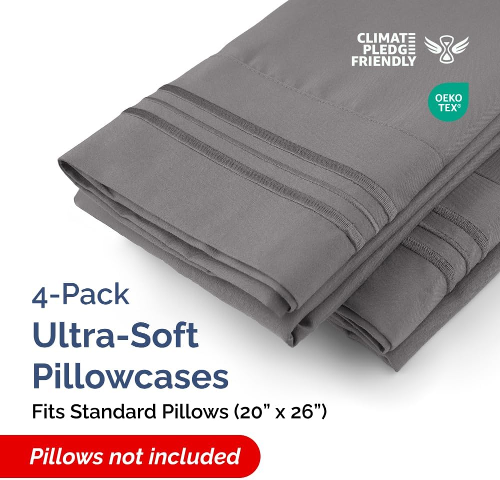 Skiennix Standard Pillow Cases Set of 4 - Ultra Soft Hotel Quality Covers - Machine Washable Dark Grey
