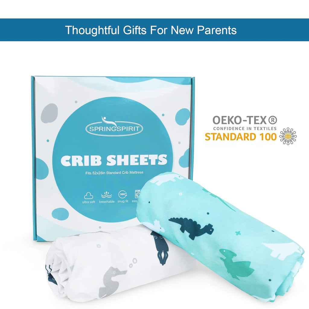 Skiennix Crib Sheets - Soft & Breathable Fitted 2-Pack for Standard Crib & Toddler Mattress | Dinosaurs & Ocean Design, 52'' x 28''
