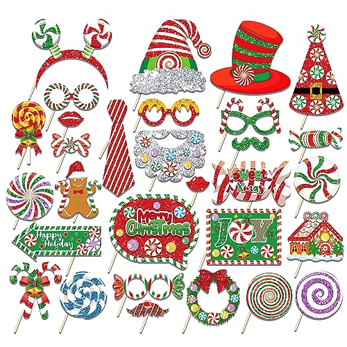 30Pcs Christmas Photo Booth Props Kit with Sticks – Merry Christmas Party Decorations