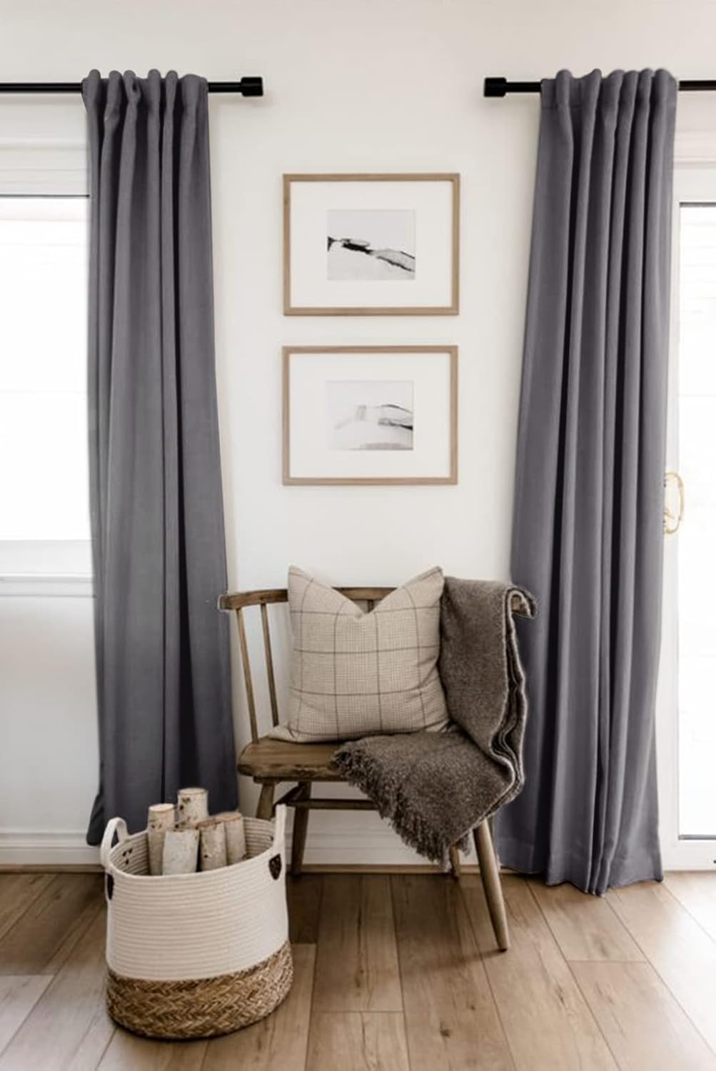 Skiennix 100% Blackout Linen Curtains - Thermal Insulated Drapes for Bedroom | 84" Long, Dark Gray, 2 Panels Set