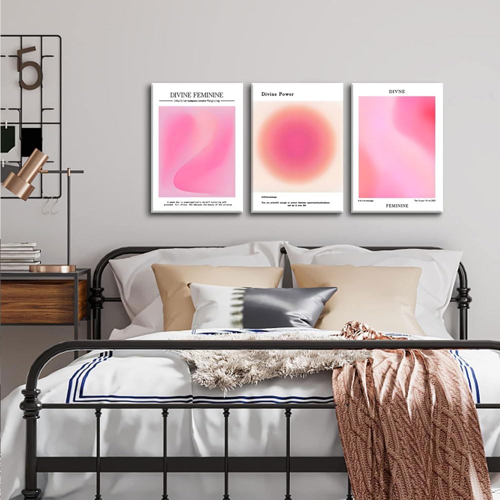 Trendy Aesthetic Canvas Wall Art - Set of 3 Pink Gradient Aura Angel Prints | Framed 12x16 Inch Decor for Bedroom & Living Room