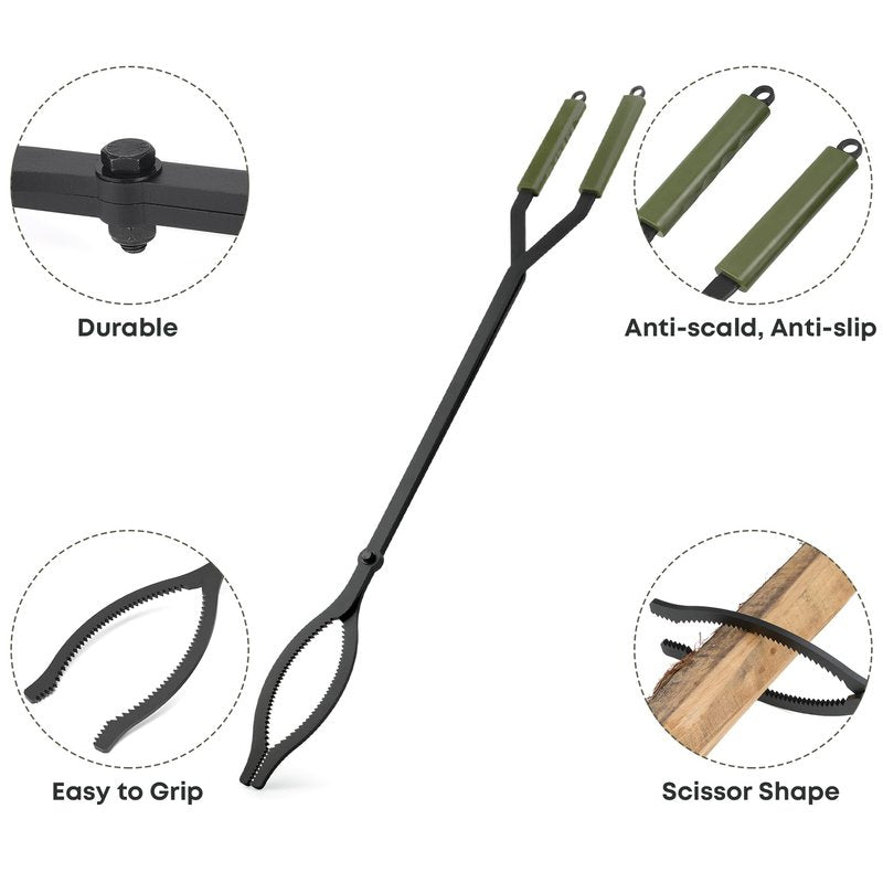 Stanbroil 3Pcs Fire Pit Tools Set, 28" Fire Poker and Fire Log Tongs Shovel, Wrought Iron Large Fireplace Tools Set with Metal Base and Rubber Handle for Campfire Bonfire