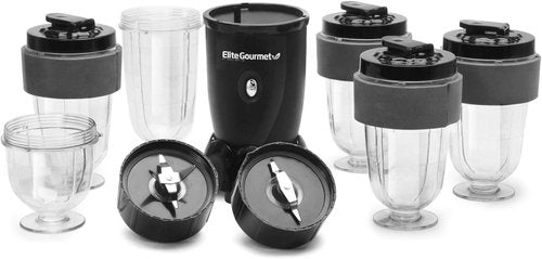 Elite Gourmet 17-Piece Personal Drink Mixer Blender - 16 Oz Capacity with Chopping Blade & Lids