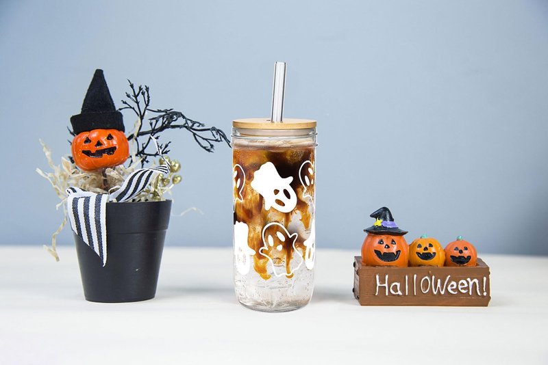 Anotion Ghost Decor 24oz Mason Jar Glass Cups with Lids and Straws - Halloween Tumblers and Coffee Cups - Indoor Decorations