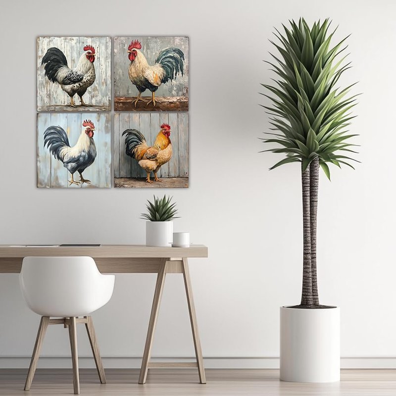 Rooster Canvas Wall Art 4 PCS Farmhouse Kitchen Chicken Paintings Rustic Farm Animal Picture Prints for Living Room Bedroom Bathroom(Rooster-2,12x12inchx4 Pieces (30x30cmx4 Pieces))