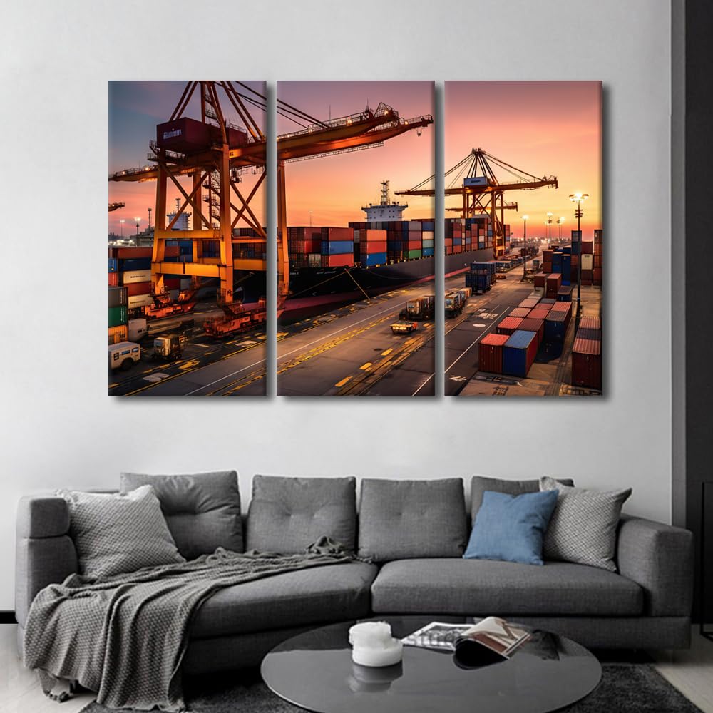 Framed Wall Art 3 Panel Container Cargo Freight Ship with Working Crane Bridge at Sunset Logistic Import Export Pictures Print on Canvas Wall Art for Living Room Bedroom Decorations 60x40 in