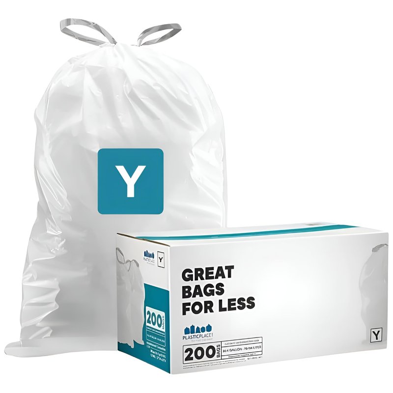 Plasticplace Custom Fit Trash Bags, Compatible with simplehuman Code Y (200 Count) White Drawstring Garbage Liners 30.4 Gallon/ 115 Liter, 28.5" x 39"