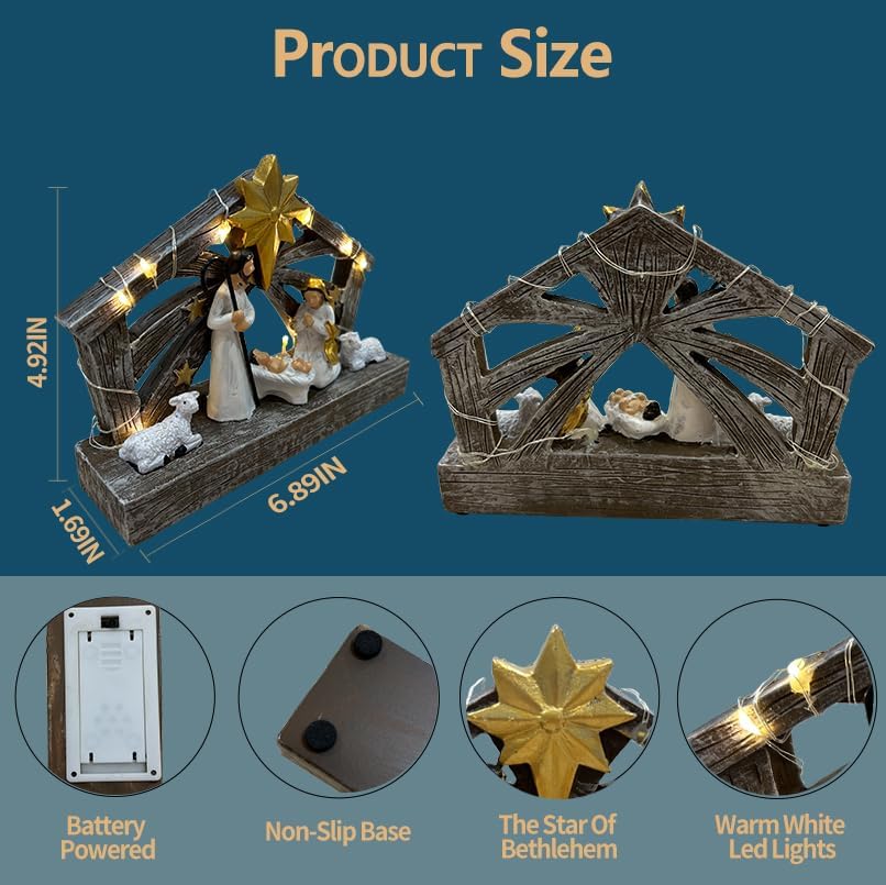 Nativity Scene - Hand-Painted Resin Figures with Lights | First Christmas Story Decoration