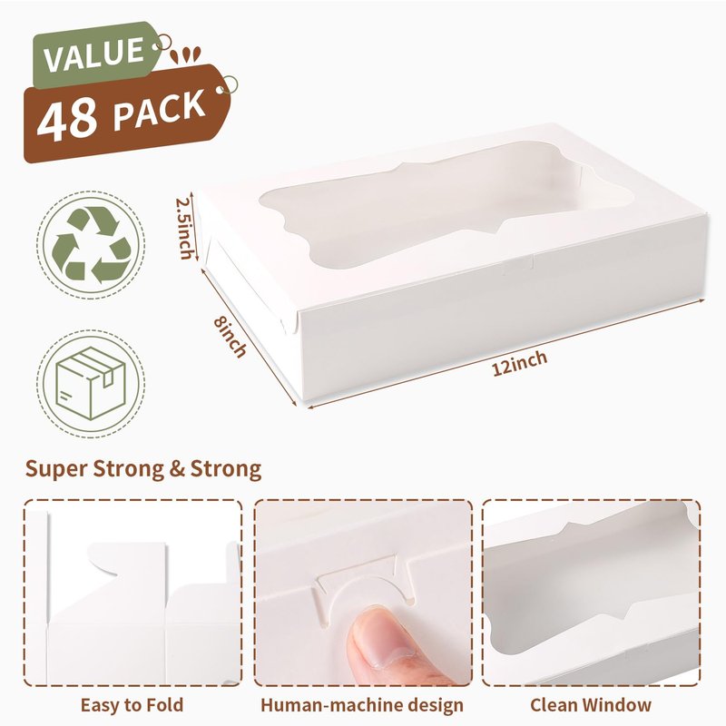 PFAMKEER 48pcs12x8x2.5 Inches Bakery Boxes,Cookie Boxes with 3Style for Window Bread,Treat，Chocolate,Strawberries,Dessert,Cakes,Donuts,Muffins,pastry