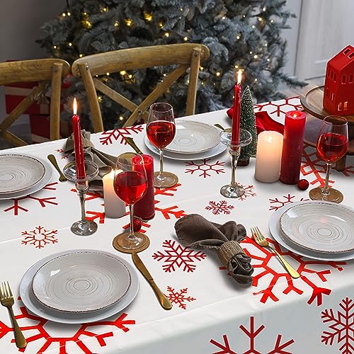 Red White Snowflake Plastic Tablecloth Roll - 52 x 100 Inches for Events