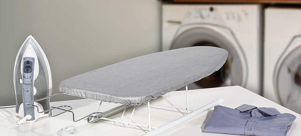 Storage Maniac Tabletop Ironing Board - All-Iron Frame with Iron Rest & Silver Metallic Cover - Silver Grey