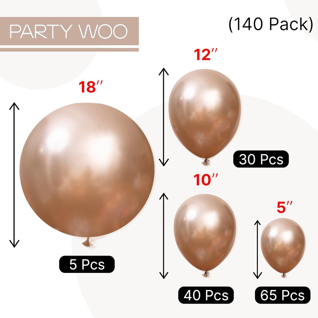PartyWoo Metallic Rose Gold Balloons - 140pcs Chrome Balloon Arch Kit for Birthday & Anniversary Decor | 18", 12", 10", 5" Sizes