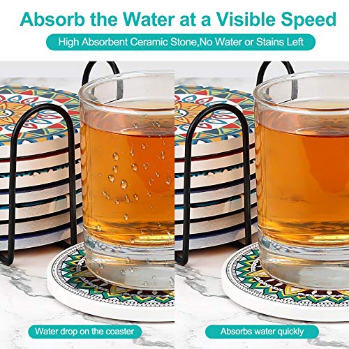 AODINI Mandala Drink Coasters Set of 8 with Cork Base - Absorbent Ceramic Table Decor