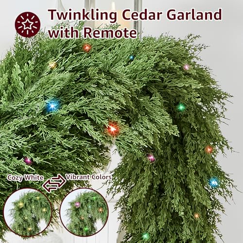 9Ft Cedar Christmas Garland with Lights for Mantle – Prelit Indoor/Outdoor Spruce Green Faux Pine, NUTIKAS