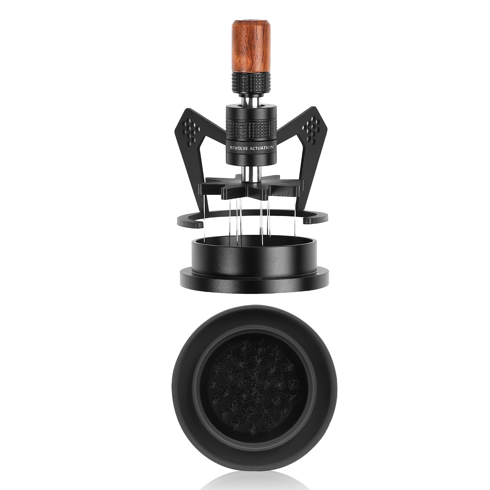 IKAPE Mantis WDT Distribution Tool with Clean Brush, 58.5mm Espresso Stirrer Distribution Tool for Barista, 8 Needle Espresso Stirrer with Dosing Funnel &Stand, Adjustable Needle Height, Walnut Handle