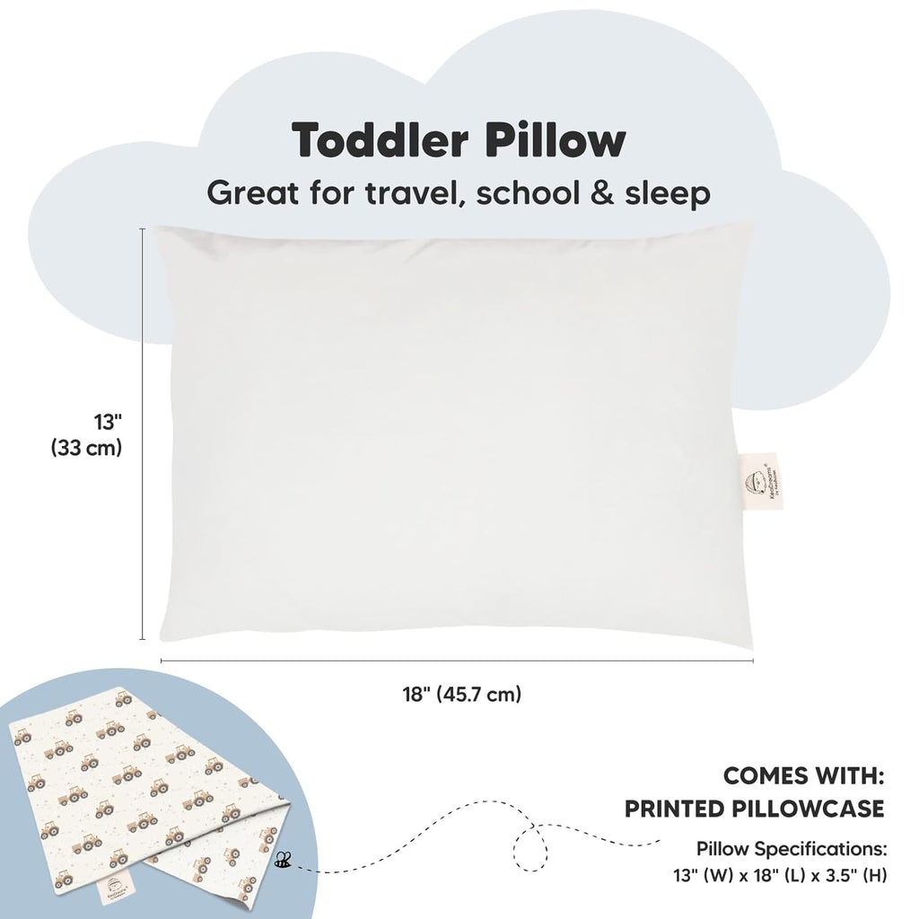 My Little Dreamy Toddler Pillow - Organic Cotton Travel Pillow with Soft Pillowcase | 13x18, Machine Washable, Ideal for Ages 2-5 (Tractor)