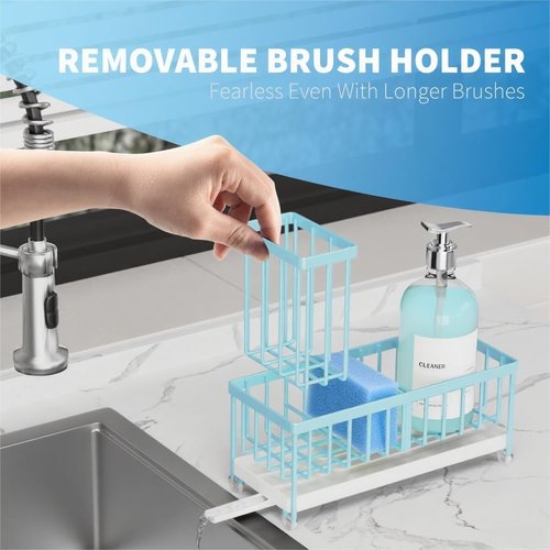 Cisily Kitchen Sink Caddy Organizer - Rustproof 304 Stainless Steel with High Brush Holder | Blue, 9.25”