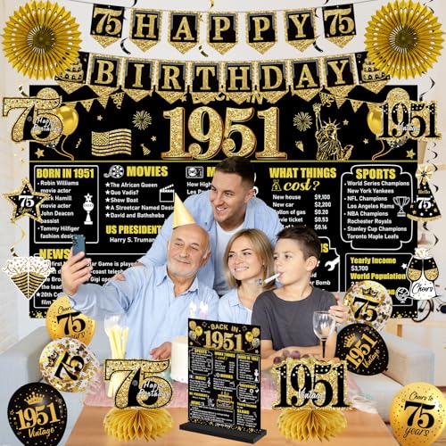 75th Birthday Decorations Kit, Black and Gold Party Supplies for 1951 Birthdays