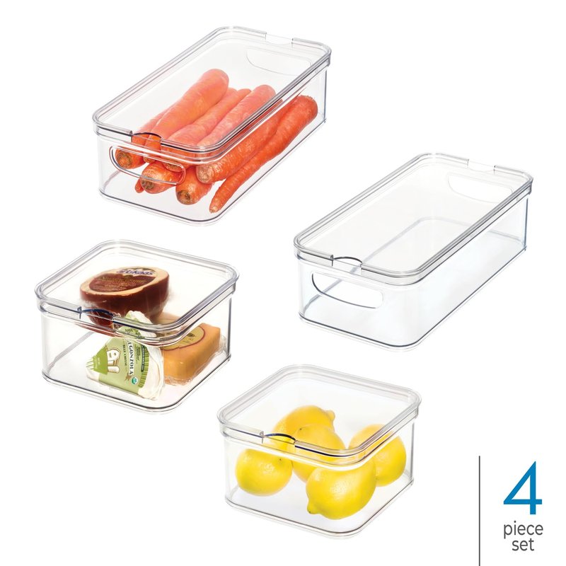 iDesign Crisp 4-Piece Recycled Plastic Refrigerator Organizer Bin Set with Lids, Clear/White