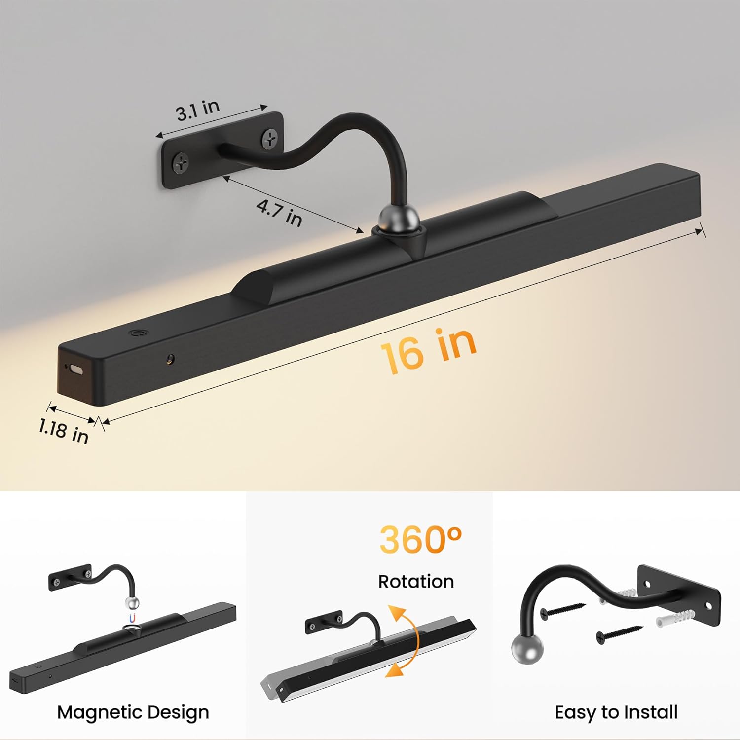 Skiennix 3-Pack Picture Light - Battery Operated 16-Inch Art Light with Dimmable Control | Black