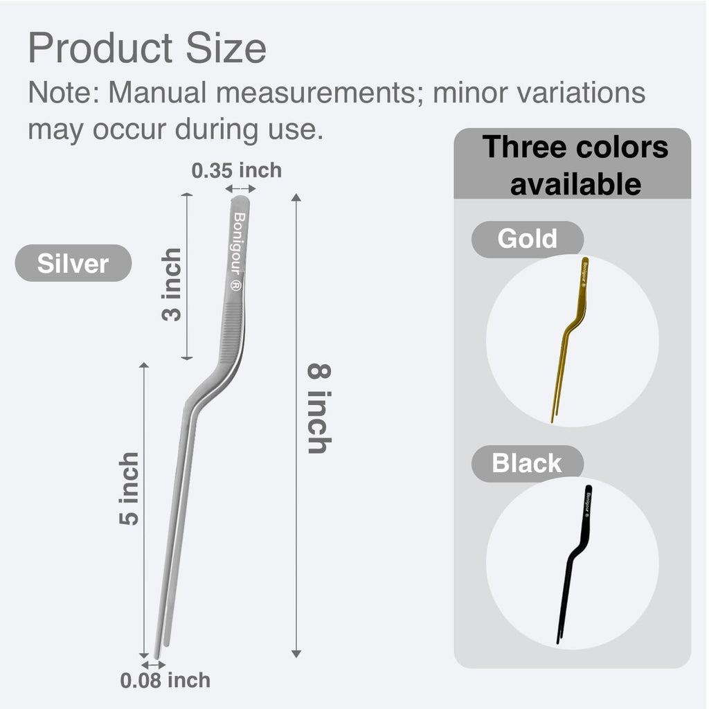 Bonigour 8 Inch Precision Offset Tweezers, Kitchen Culinary Stainless Steel Tongs, Curved Kitchen Cooking Multi-function Chef Precision Tweezer Tongs for Plating, Food Decorating and ect (Silver)