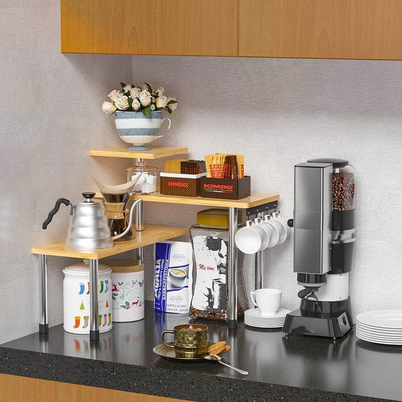 3-Tier Adjustable Bamboo Countertop Organizer with 4 Hooks for Kitchen & Bath