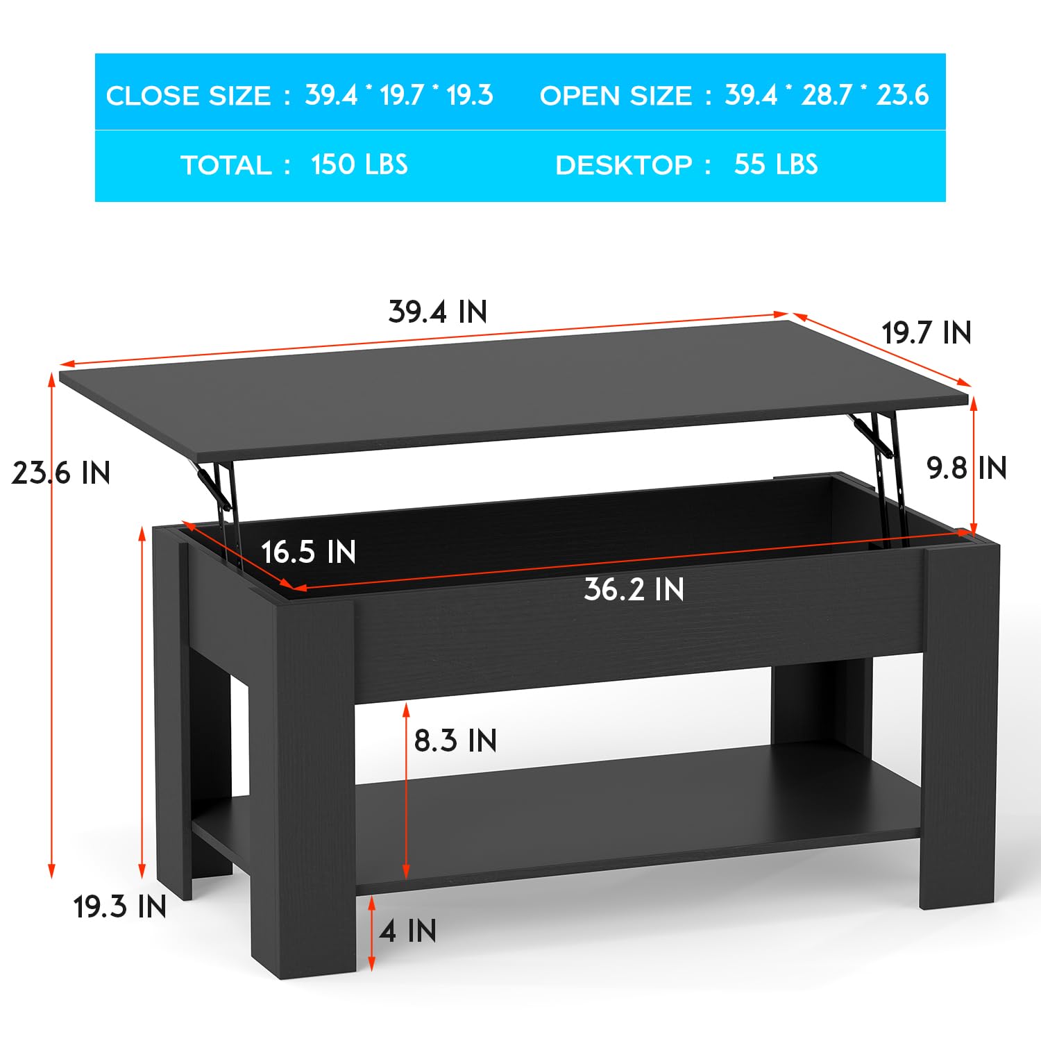 FDW 39 inch Lift Top Coffee Table with Hidden Storage Compartment & Lower Shelf,Coffee Table with Lift Top for Living Room,Home Small Space,Black