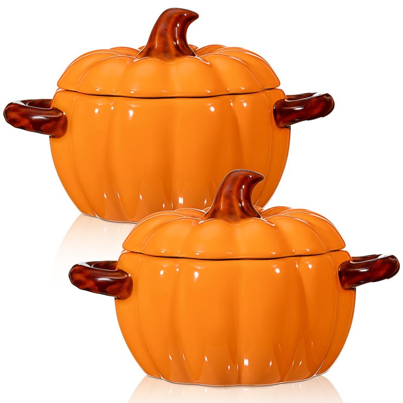 Uiifan 2 Pcs Pumpkin Bowl Ceramic Pumpkin Pot for Cooking Thanksgiving 17 oz Casserole Cookware Soup Dish Orange Cute Safe Oven Pot with Lid Double Ear for Fall Halloween Autumn Baking