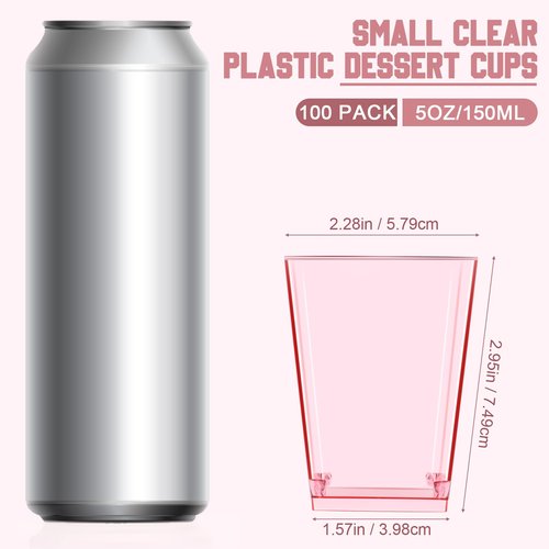 Mifoci 100 Pcs Pink 5 oz Plastic Dessert Cups Appetizer Cups for Parties Mini Square Disposable Dessert Bowls Parfait Bowls for Pudding Fruit Yogurt Ice Cream Mousse