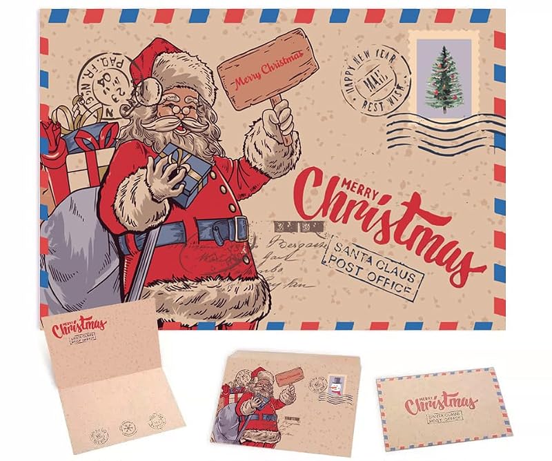 Vintage Santa Claus Greeting Cards Set with Kraft Envelopes - 5 Pack, 6x4" Christmas Postcards with Variation Santa Claus With Bags