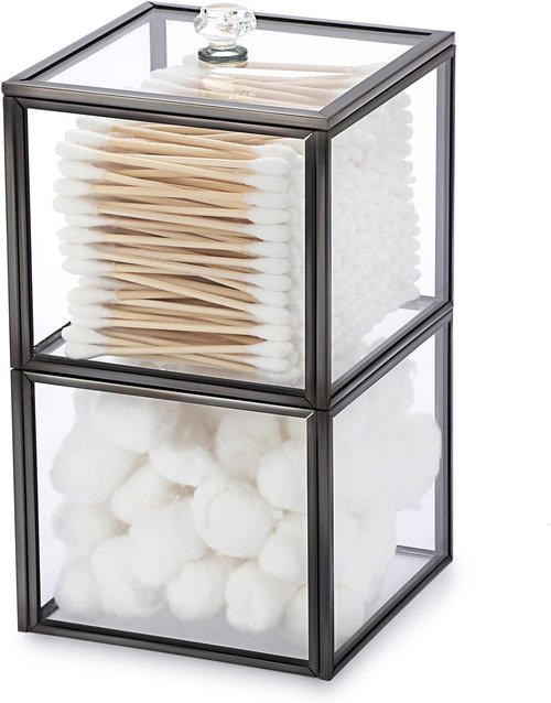 Hipiwe Glass Qtip Holder - 2-Tier Stackable Apothecary Jar with Lid | Clear Bathroom Organizer for Cotton Swabs & Balls