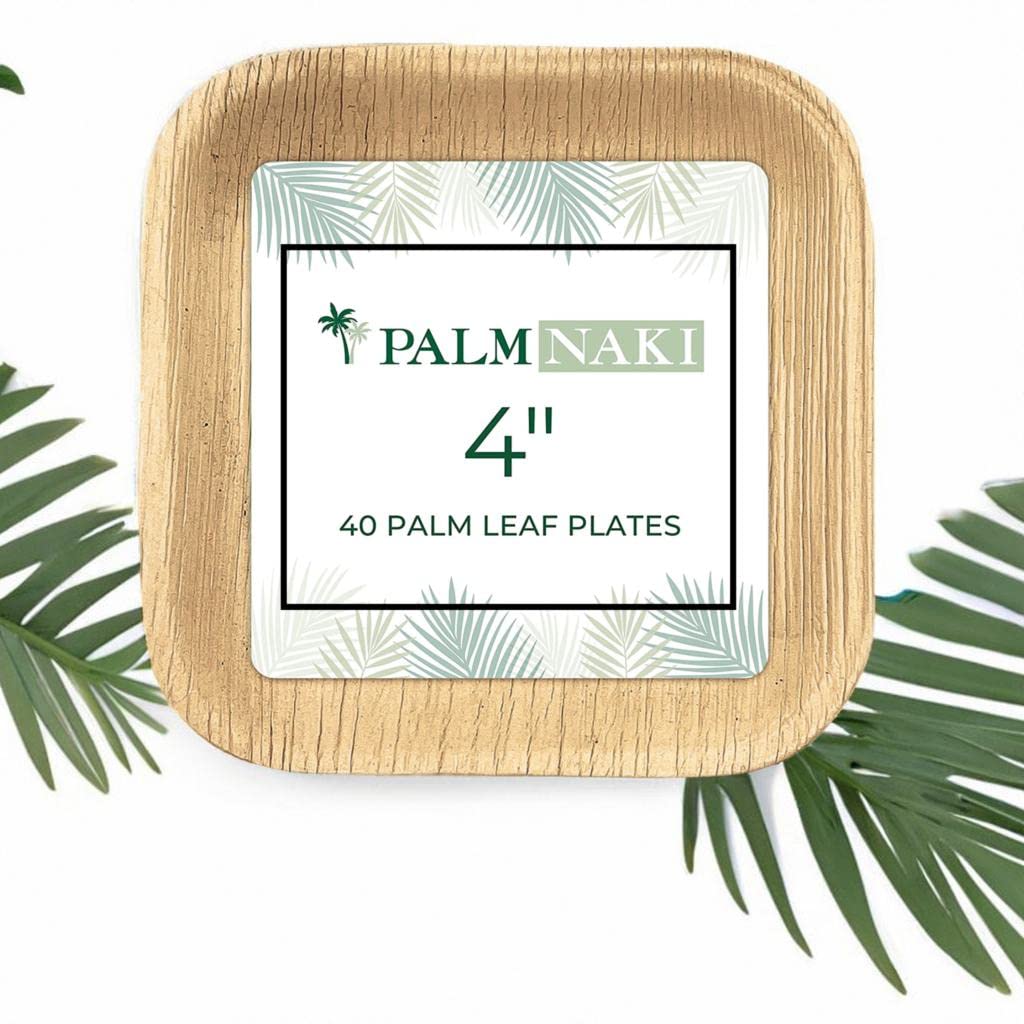 PALM NAKI Palm Leaf Plates | 4" Square Condiment Plates | Compostable Bamboo-Style Plates | Ideal for Events, Gatherings, and Everyday Elegance - 40 Pack