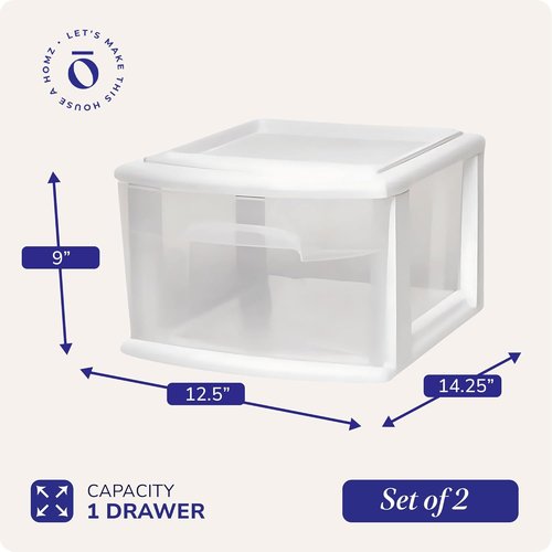 HOMZ 2-Pack Clear Plastic Storage Cart - 1-Drawer Organizers for Home, Bathroom, Office | 14.25" Wide, White Frame