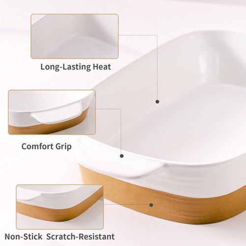 Hasense Ceramic Baking Dish - Non-Stick 11.8x8.7 Lasagna Pan with Handle | 3.4 Qt White Bakeware