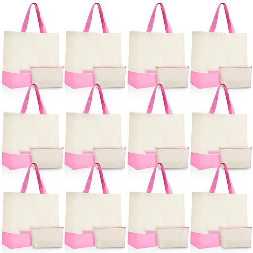 Sanwuta 24 Pcs Canvas Tote Bags Bulk 18.5" Cotton Cosmetic Bags with Zipper Reusable Shopping Tote with Handles(Pink and Beige)