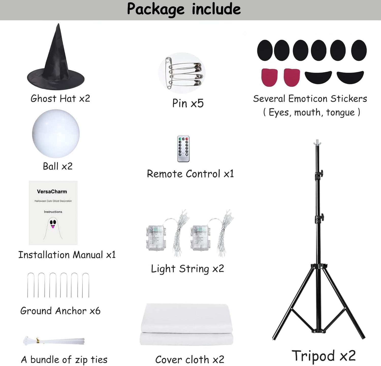 VersaCharm Halloween Ghost LED String Lights - Spooky Indoor/Outdoor Decor with Remote Control | 2 Packs, White