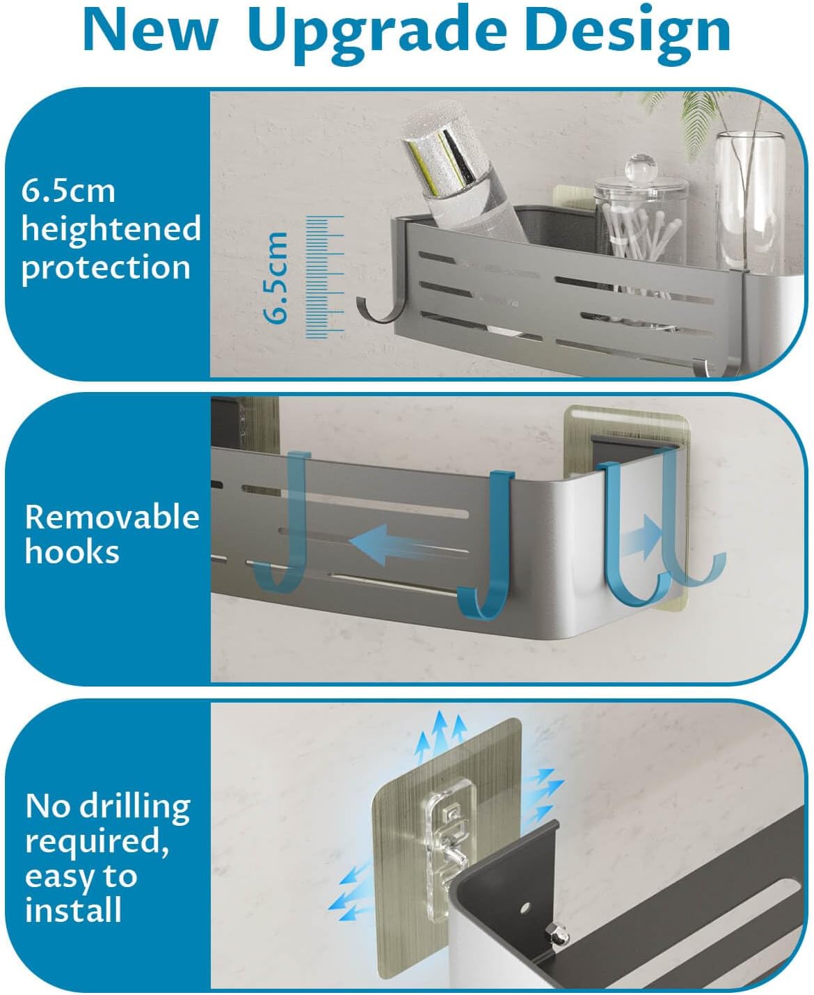 Onemake Shower Caddy - Rustproof Aluminum Shower Shelf with Removable Hooks | No Drill, Grey