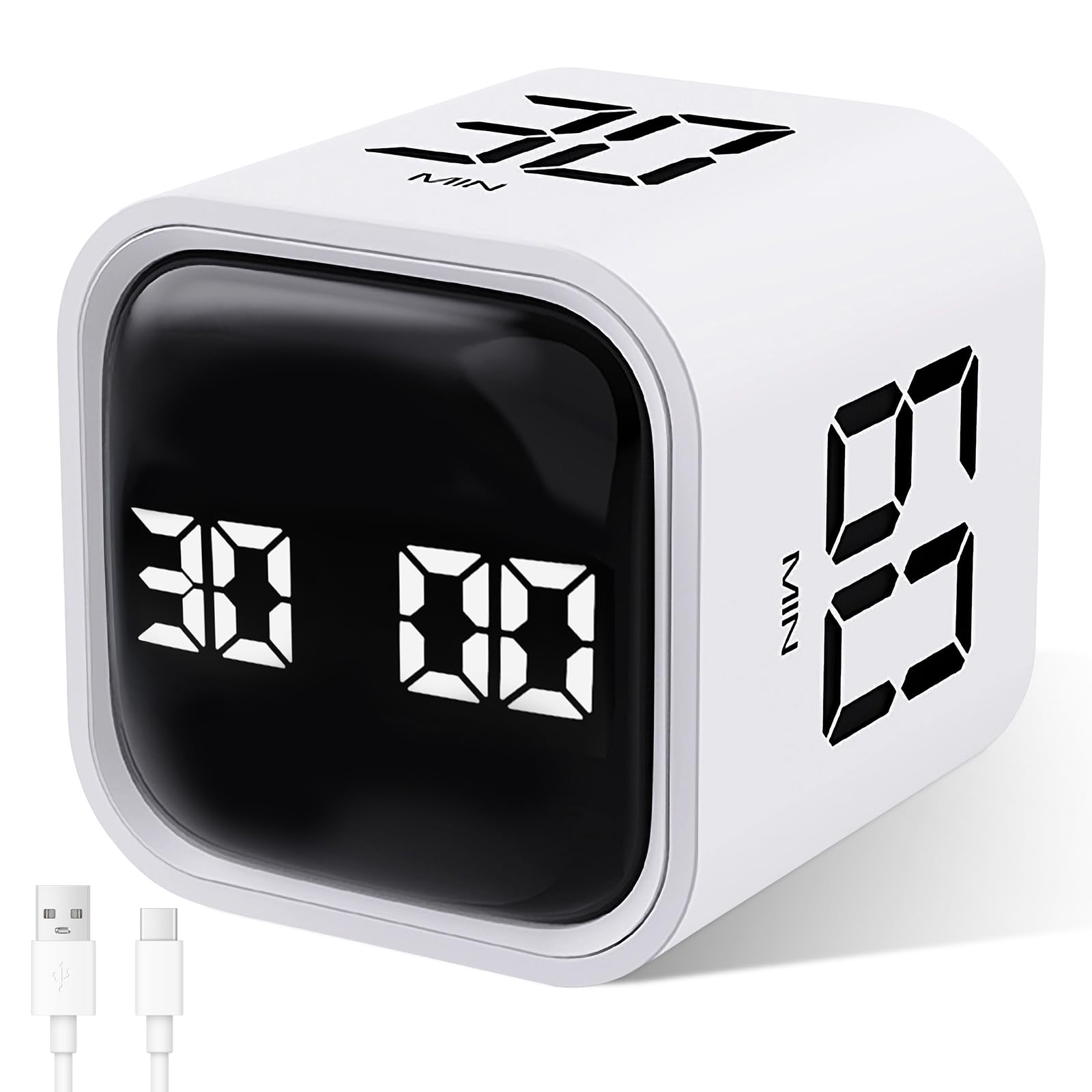 GuDoQi Multi-Function Cube Timer, 5/10/30/60 Min & Custom Count Down, Included Pause & Resume Feature, Silent, Vibrate & Adjustable Sound Alarm for Productivity in Tasks, Study & Kitchen, White