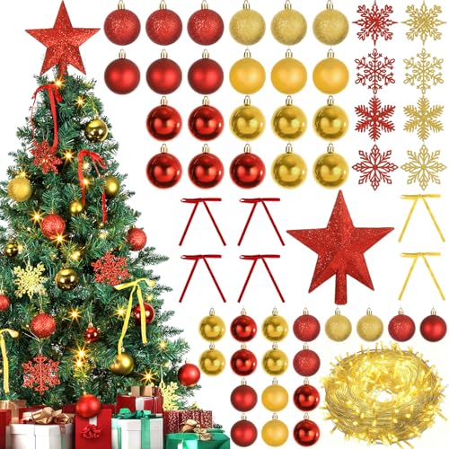 Justforjoyful 86PCS Red & Gold Christmas Ornaments Set with 65.5ft LED Lights - Includes Topper, Balls, Snowflakes & Bows (Red & Gold)