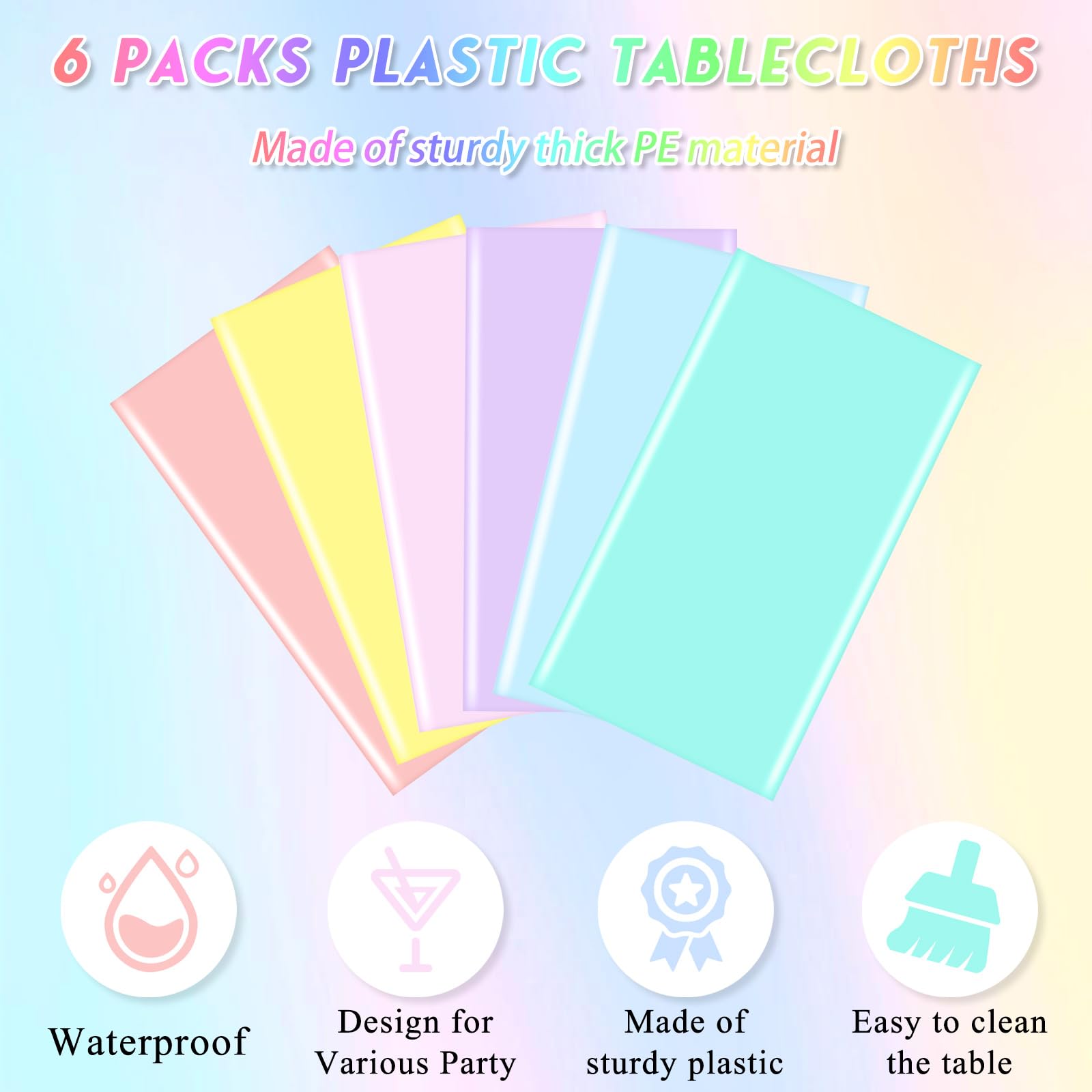 mwellewm 6 Pcs Easter Tablecloth Party Decorations Pastel Table Cloths Plastic 54x72 Inch Rainbow Tablecloth Disposable Rectangle Table Cover for Birthday Baby Shower Wedding Princess Ice Cream